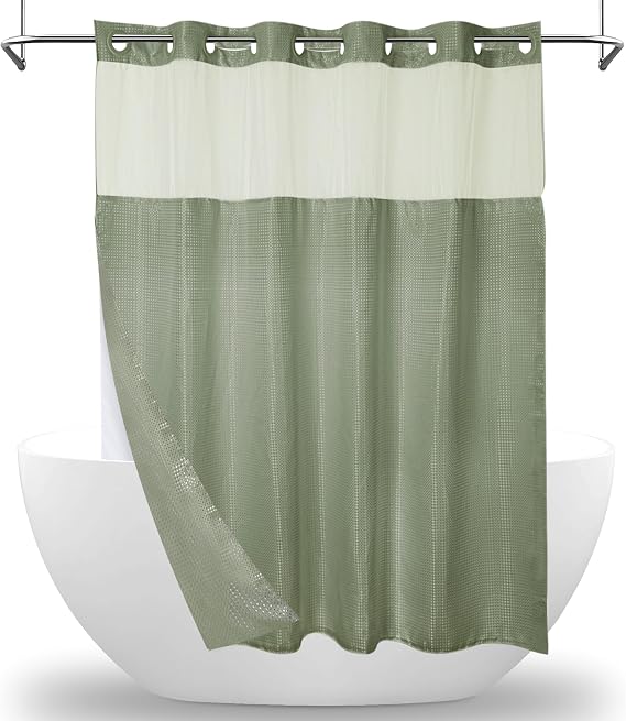 Hookless Shower Curtain with Snap On Liner, Waterproof Waffle Bath Curtain