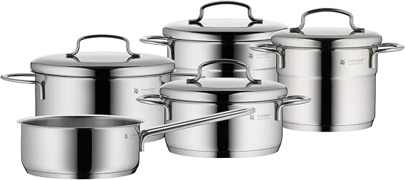 WMF Mini 9-Piece Cookware Set, Stainless Steel Suitable for Induction, 2 Saucepan 12 cm and 14 cm, 2 High Casseroles of 14 cm and 16 cm, 1 Saucepan 14 cm with 4 Steel Lids, Stackable