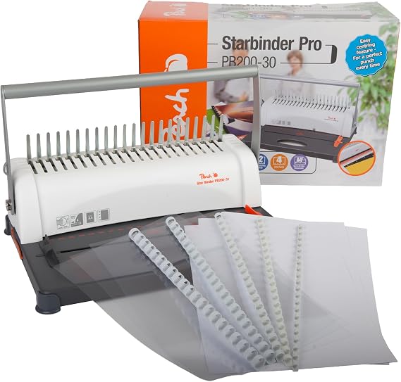 Peach PB200-30A Plastic Binding Device | Star Binder Pro - DIN A4 | Price/Performance Winner | Binds 350 Sheets | Max. 38 mm Binding Spine, 12 Sheets Punching Capacity, incl. Starter Set