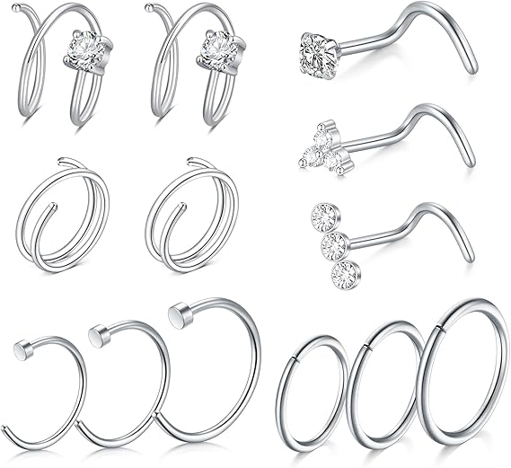 AVYRING Nose Studs L Shaped Screws with Diamond, Stainless Steel Nose Rings Hoop Set with CZ for Women Men, Hypoallergenic Nose Piercing Jewelry, 20G, 18G