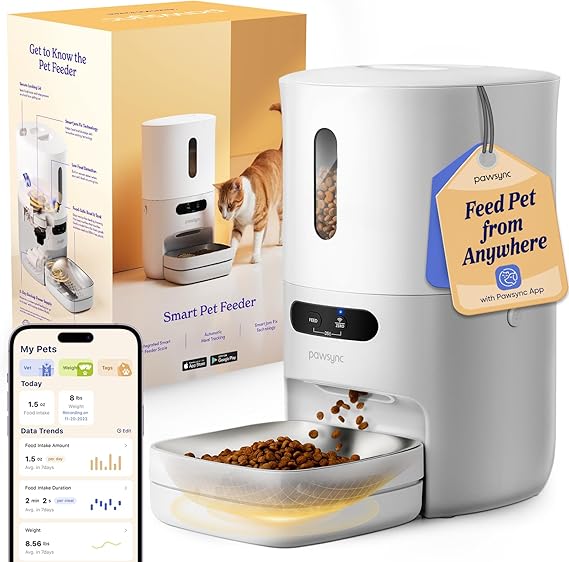 PAWSYNC Automatic Cat Feeder,WiFi Smart Scale Tracks Pet's Food Intake, App Remote Feeding, 3.6L Timed Food Dispenser for Cats and Dogs, Up to 10 Meals Per Day, Stainless Steel Bowl, Dual Power Supply