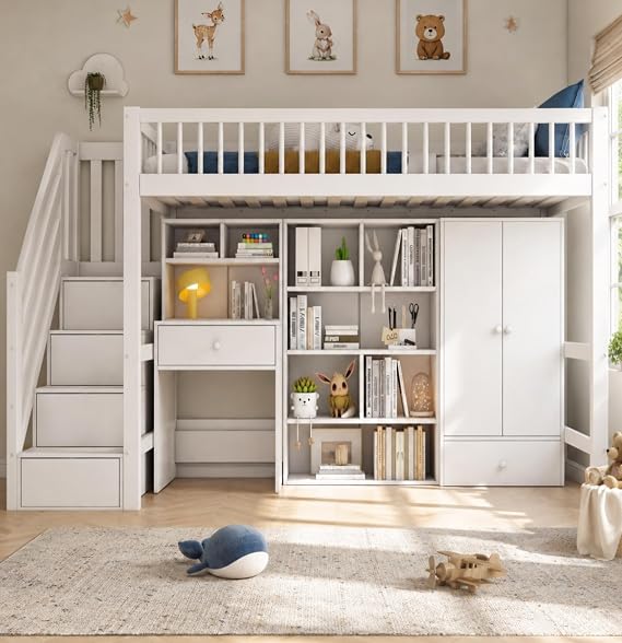Multifunctional Single Bed Frame, 90x190cm Single Bed with Desk & Stairs, Wardrobe & Lockers, White Storage Bed (No Mattress Included)