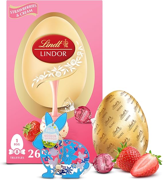 Topline Lindt Chocolates Easter Egg for Easter Gifts - Large Strawberries & Cream White Chocolate Egg with Truffles 260g & Topline Easter Hanging Decoration. Great Chocolate Gifts for Women, Mum