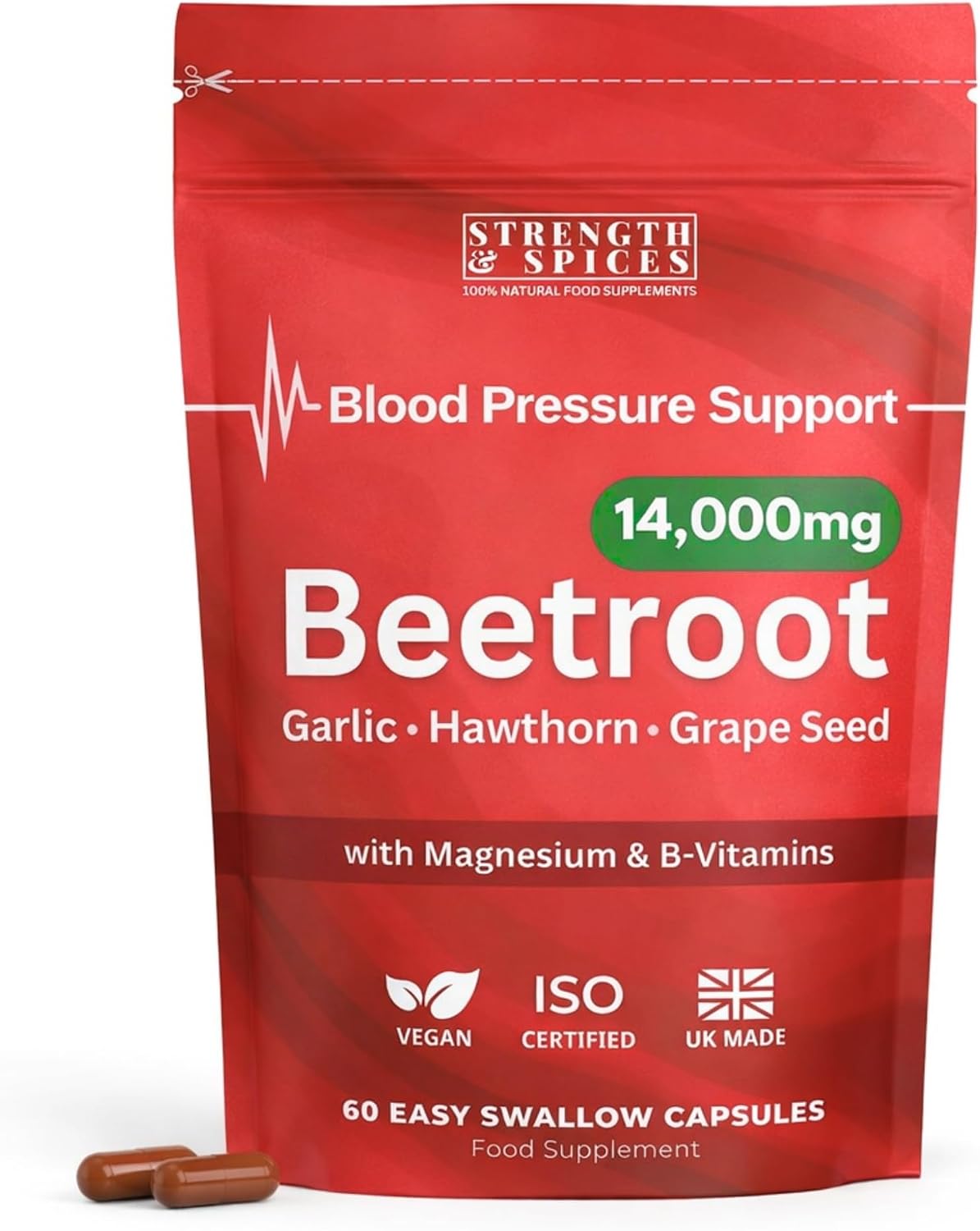 Beetroot Complex 14,000mg High Strength Supplement - 7-in-1 Heart & Circulation Support with Hawthorn Berry, Grape Seed & Garlic - 60 Vegan Capsules - UK Made & PhD Formulated