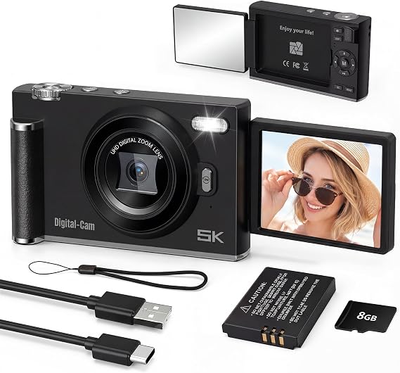 Digital Camera 5K Selfies 180° Screen with Mirror for Beginner Black
