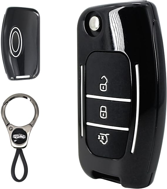ABS Plastic with Silicone Inner Sleeve Protective Cover for Ford Flip Folding Key Fob,3 Buttons Car Key Case Shell Compatible with Ford Fiesta/Focus/Galaxy/Fusion/Mondeo/Kuga-Black