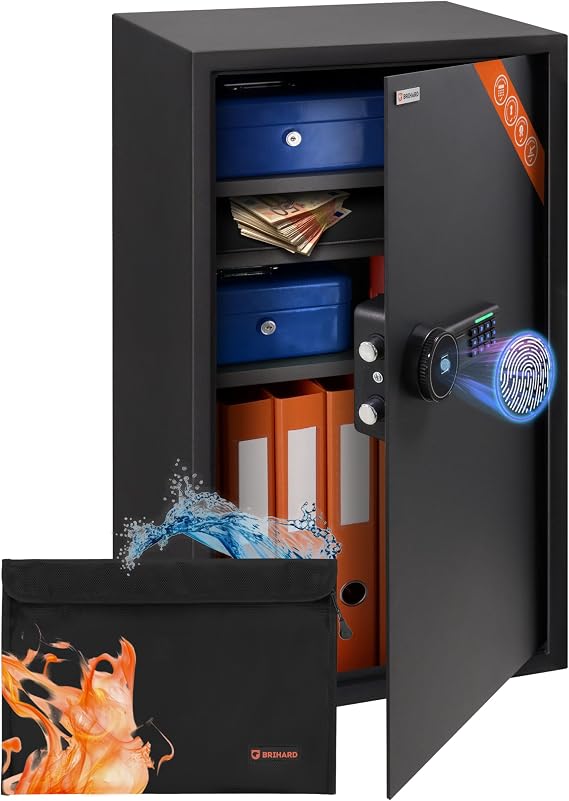 Business XXL Biometric Safe 73x40x36cm with Fireproof A4 Bag, Large Fingerprint Safe Box 102L with 3 Adjustable Shelves, Digital Office Secure Storage for Documents A4, Money
