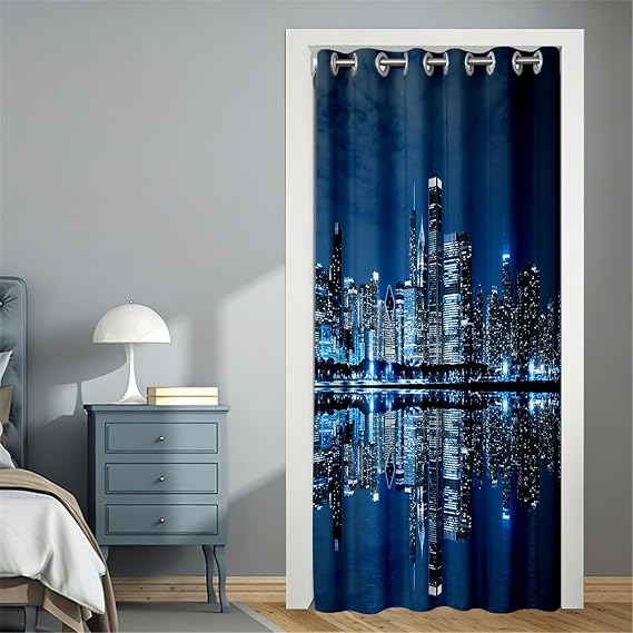 Surwin Door Curtains with Eyelet, Privacy Blackout Single Front Door Curtain Room Divider Window Decor for Hallway Party Kitchen Bedroom Living Room Doorway, Cityscape (Blue night,80x150cm)