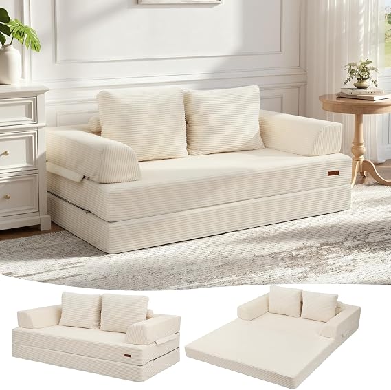 MeMoreCool Convertible Sofa Bed, Corduroy Folding Boneless Couch, Beige