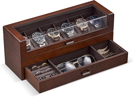 ProCase Wooden 6 Watch Case 2 Tier Watch Box for Men Jewelry Organizer Display Storage Case with Glass Lid - Walnut