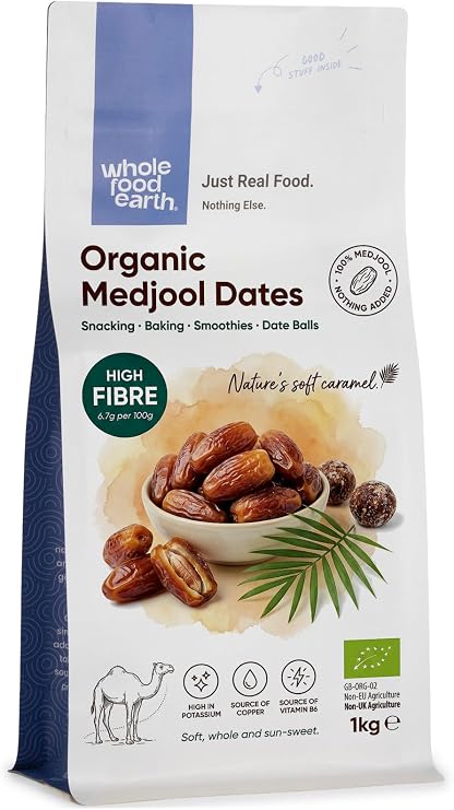Wholefood Earth Organic Dried Medjoul/Medjool Dates – 1 kg | Raw | GMO Free | Vegan | High Fibre | Certified Organic