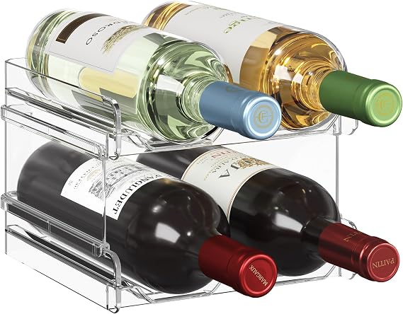 Lifewit Plastic Stackable Wine Rack for Refrigerator, Cabinet, Countertop, Wine Bottle Holder, Water Bottle Organizer for Refrigerator, Pantry, Holds 4 Bottles, Transparent