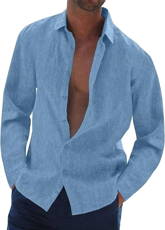 Mens Linen Shirts Long Sleeve Cotton Button Down Hawaiian Beach Shirt