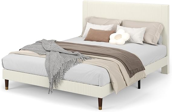 Double Size Platform Bed Frame 78.54" x 53.94" x 43.31", Modern Double Bed Frame with Upholstered Headboard and Strong Metal Slats Support, No Boxing Spring Needed, Easy Assembly, Beige
