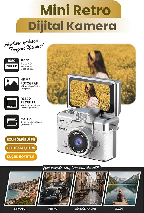 Mini Dijital Kamera Anahtarlık Kamera 1080P Ekranlı Flaşlı Selfie Video Vlog Kamerası - Gümüş