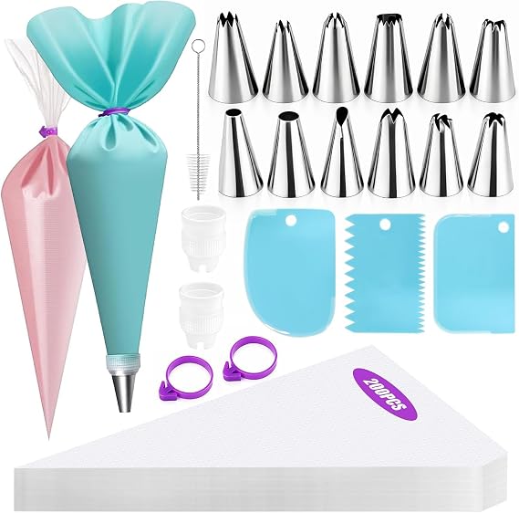 220PCS Piping Bags and Nozzles Set - 12 Stainless Steel Icing Nozzles, 200 Disposable Piping Bags, 1 Reusable Silicone Pastry Bag, 3 Scrapers, 1 Brush, 2 Bag Ties & 2 Couplers, Cake Decorating Tools