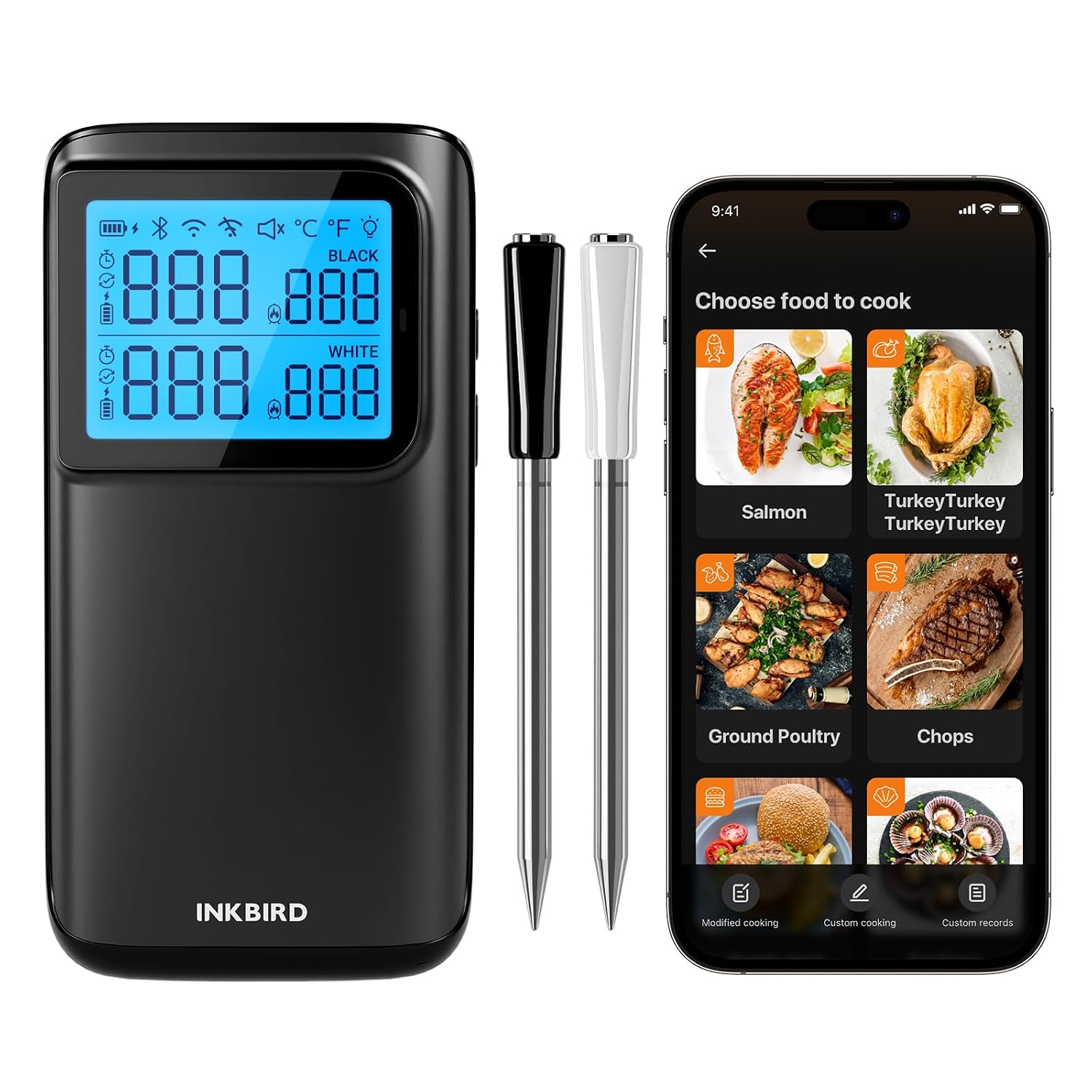 INKBIRD Multi-Sensors Meat Thermometer, Wireless Meat Thermometer Probe with 5 Sensors, Dual Mode Food Probe with CNAS-accredited Accuracy, for BBQ Grill Smoker Oven Kitchen INT-12E-BW