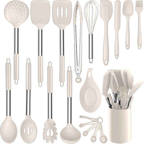 HaWare Kitchen Utensil Set 20 Pieces Silicone Kitchen Utensils Cooking Cutlery Set Cookware Cooking Utensils with Stainless Steel Handle Heat Resistant Kitchen Set with Utensil Holder Dishwasher Safe - Khaki
