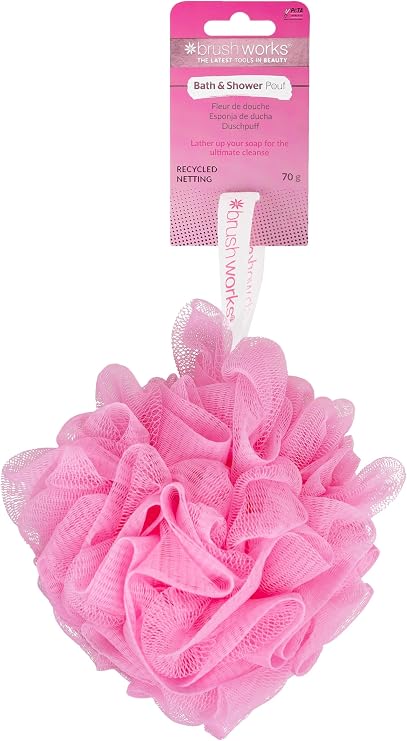 Brushworks Bath & Shower Pouf (70g) – Pink Soft Mesh Exfoliating Body Scrubber for Gentle Cleansing & Smoother Skin, Large Luxury Shower Puff for Women, Durable Shower Ball, Vegan & Cruelty-Free