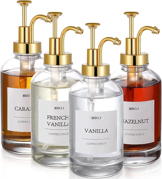 MHDCLY Coffee Syrup Dispenser, Syrup Dispenser, Coffee Bar Accessories, Set of 4 Syrup Dispensers 500ml Glass Bottles, Elegant Pumps and 24 Labels and Funnel & Pump, Syrup Pump, Gold