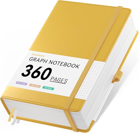 Notebook A5 Graph Journal,Hardcover Leather Journal with 360 Pages 100gsm Thick Paper, Index Tabs, Thick Squared Notebook for Women Men Writing Work School Office,14.5 x 21cm - Yellow