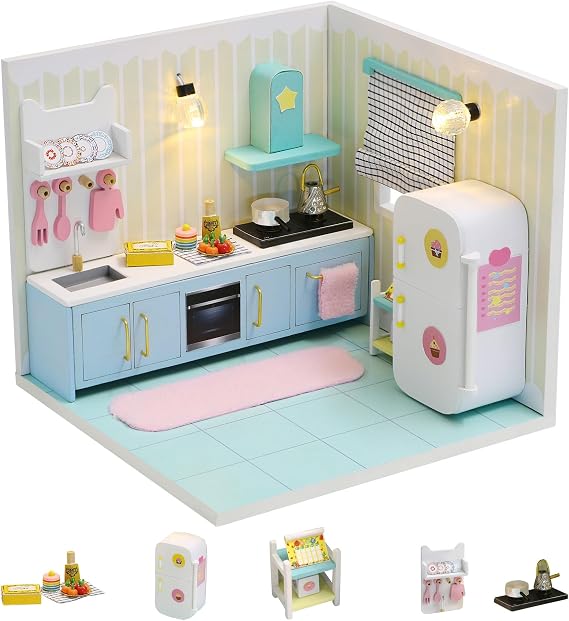 Kisoy ドールハウス ミニチュア 家具キット付き DIY 3D 木製 DIY ハウスキット 小さなアパートスタイルのコーナー ダストカバー&LED付き ハンドメイド 小さな家 おもちゃ 子供 大人 ギフト キッチン