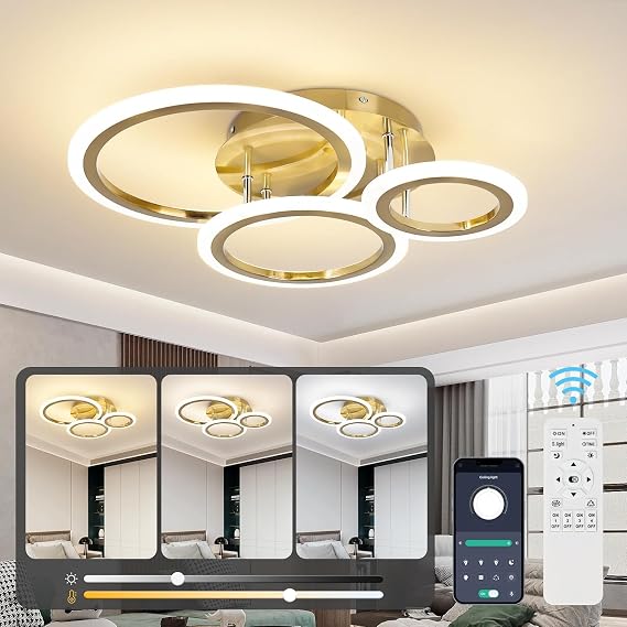 EIDISUNY Modern Led Dimmable Ceiling Light, 3 Circle Gold Ceiling Lights with Remote Control, 3000K-6500K, 3 Circle Modern Led Ceiling Lights Fixture for Living Room Dining Room Bedroom Kitchen - 35W [Energy Class E]