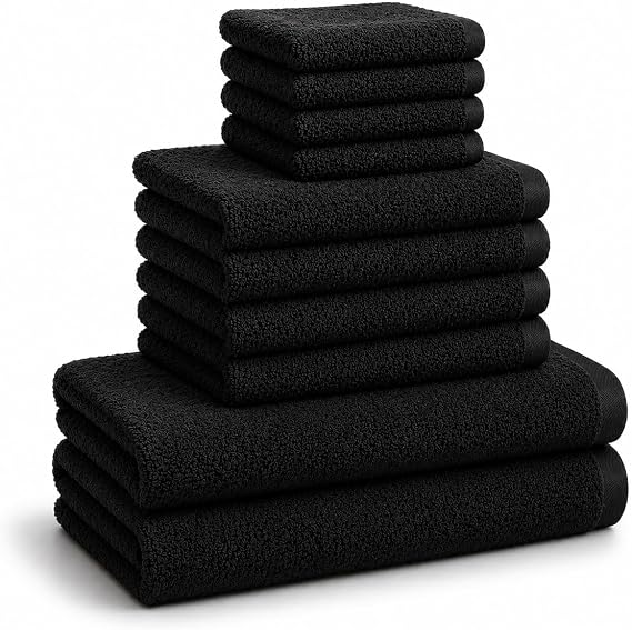 A & B TRADERS Bathroom Towels Bale Set 10-Piece 4x Hand, 4x face Cloths, 2x Bath Towels 100% Cotton Quick Dry Soft Absorbent (Black)