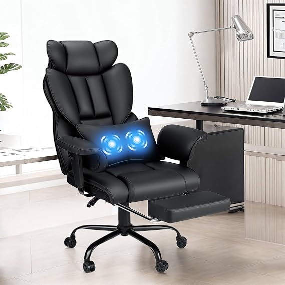 Executive Office Chair Big and Tall with Massage Lumbar Support 450lbs Reclining Office Chair with Footrest Heavy Duty Desk Chair High Back Ergonomic Leather Chair for Heavy People Black