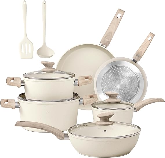 Kitchen Academy Pot and Pan Set 12-Piece Non-Stick Coating Cookware Set with Lid, Pots and Pans Set for Induction, Gas Hobs and Microwave, Beige