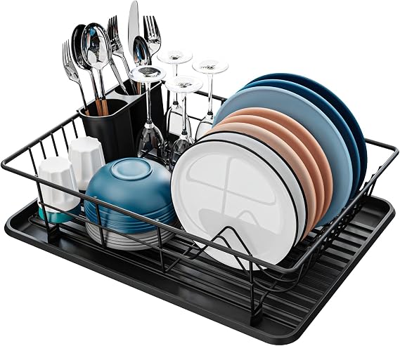 Dish Drainer Black, Dish Drainer Frame For Crockery, With Cutlery Holder And Plastic Drip Tray For Placement