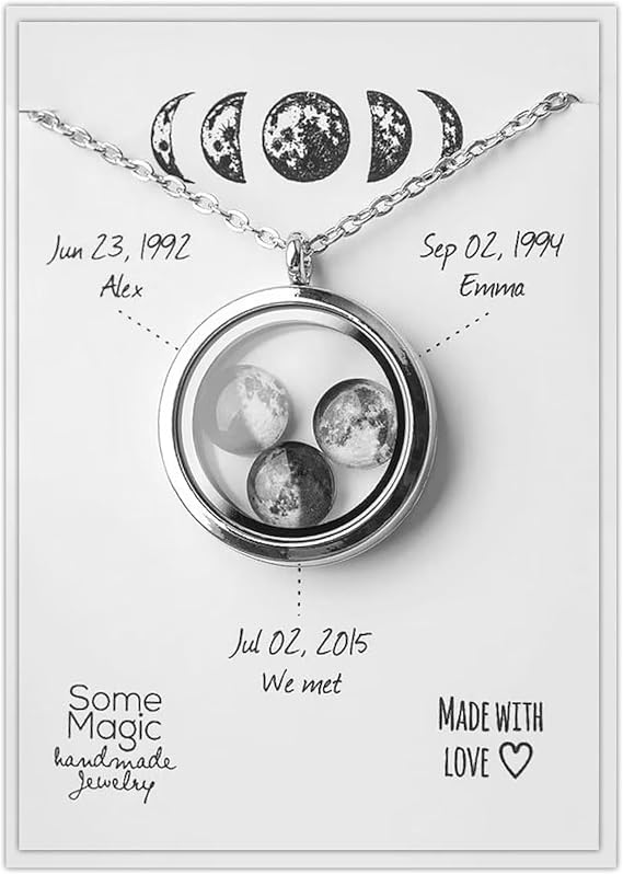 Personalized Moon Phase Necklace - Custom Floating Locket Pendant with Children’s Moons, Birthday Gift for Mom, Custom Birth Moon Jewelry, Kids Moon Phase Necklace (KP.9)