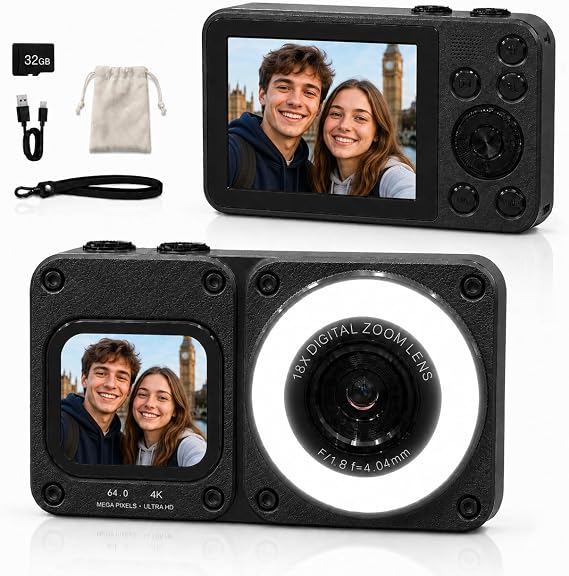 Digital Camera 4K 64MP Vlogging Photo Camera Compact Camera 18X Digital Zoom Camera with 2 Screens Beauty Light 32GB SD Card for Teenagers Beginners (Black + Beauty Light)