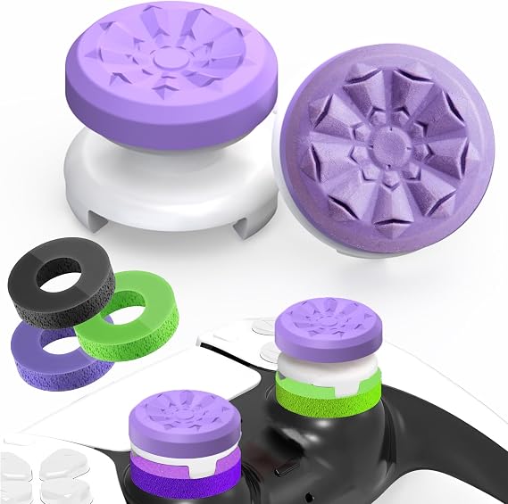 TEUVO PS5 Controller Thumb Grips FPS, 2Pcs Lavender Thumb Grips Caps + 3Pcs Precision Rings, Aim Assist PS4 Controller Thumbstick Caps Silicone Joystick Accessories Kit, Improved Comfort & Accuracy