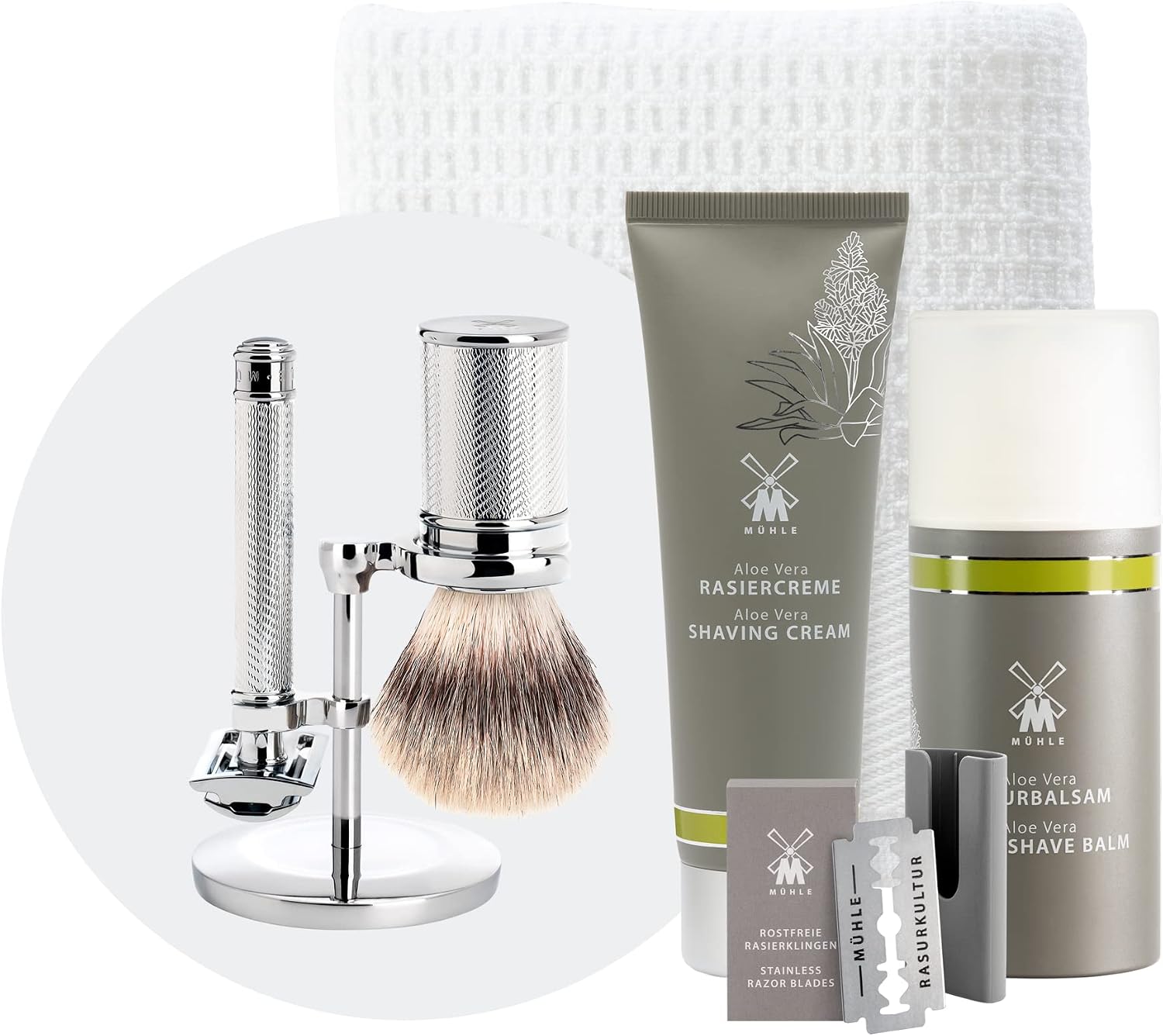 MÜHLE Traditional Shaving Set 8 Pieces - Brush Slicer and Metal Stand Chrome-Plated Blade Cream Cloth After Shave