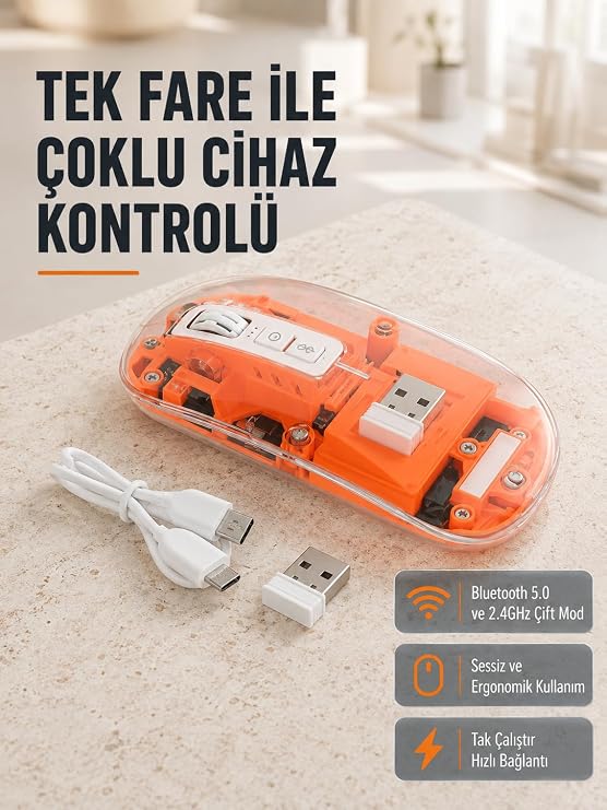 Çift Modlu Kablosuz Bluetooth 5.0 + 2.4GHz Mouse – 3 Cihaz Bağlantılı, Hızlı Geçiş Düğmeli