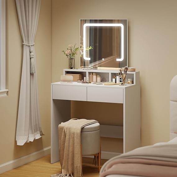 HOMCOM Dressing Table with Mirror, LED Lights, 2 Drawers, White [Energy Class D]