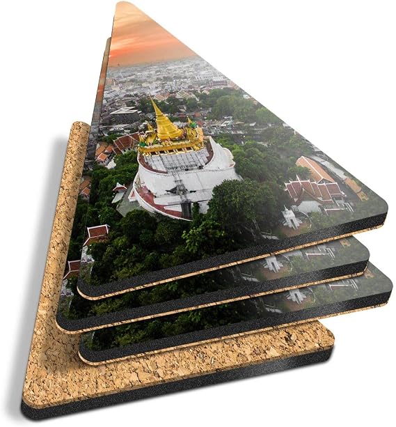 4 x Triangle Coasters - Sunset Wat Saket Bangkok Thailand Travel Cork Backed MDF Glossy Tea Coffee Accessory #24276