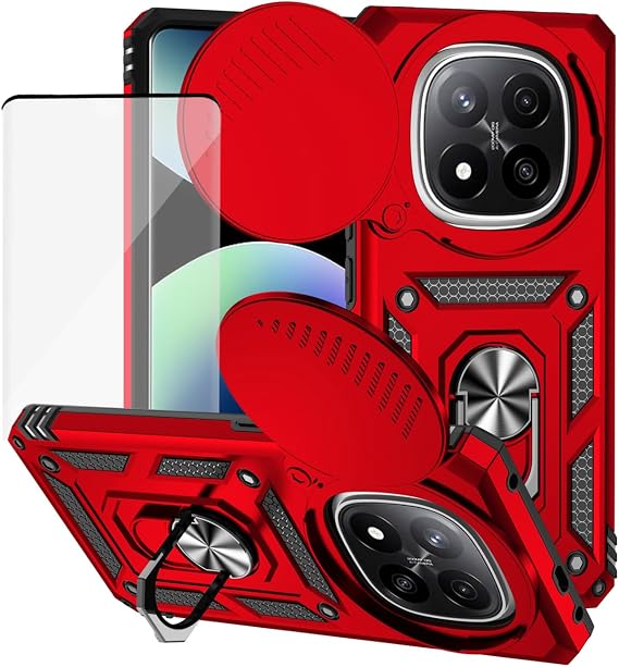 Redmi Note 14 Pro Plus 5G/Redmi Note14Pro+用ケース 強化ガラススクリーンプロテクターとスライドカメラカバー付き、360°回転リングスタンド磁気カバー Xiaomi Redmi Note 14 Pro+ 5G用 レッド