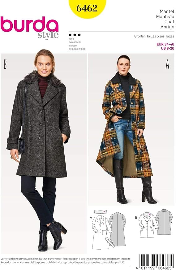 Burda Style Sewing Pattern B6462 Misses' Faux Fur Collar Coat