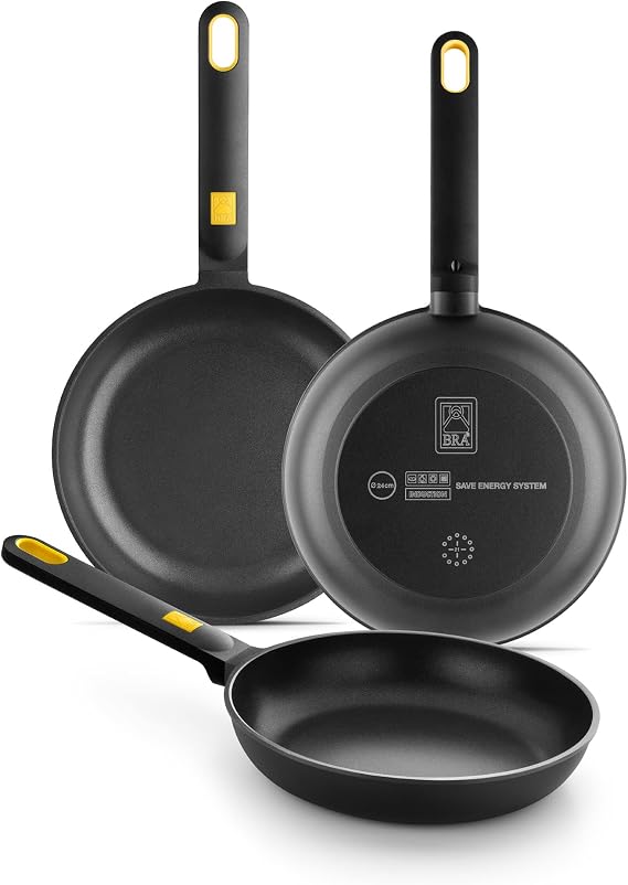 BRA Daily Pro Set of 3 Cast Aluminium Frying Pans 20 – 24 – 28 cm Non-Stick Three-Layer PFOA-Free Suitable for All Hobs and Induction, Black and Yellow