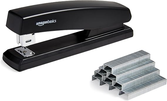 Amazon Basics Stapler with 1000 Staples, 25 sheet capacity, anti-slip rubber base, Home, Office, Black