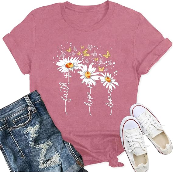 Womens Christian T-Shirts Daisy Floral Shirt Faith Hope Love Tee Butterfly Tops