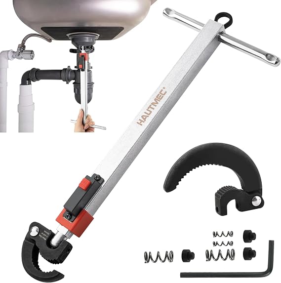 HAUTMEC 280-460mm(11-18") Telescoping Basin Wrench, Sink Faucet Wrench for Tight Spaces with Replaceable Jaws Capacity 32-64mm(1-1/4''to 2-1/2"), Plumbing Wrenches Tools for Faucet Hex Nuts under Sink