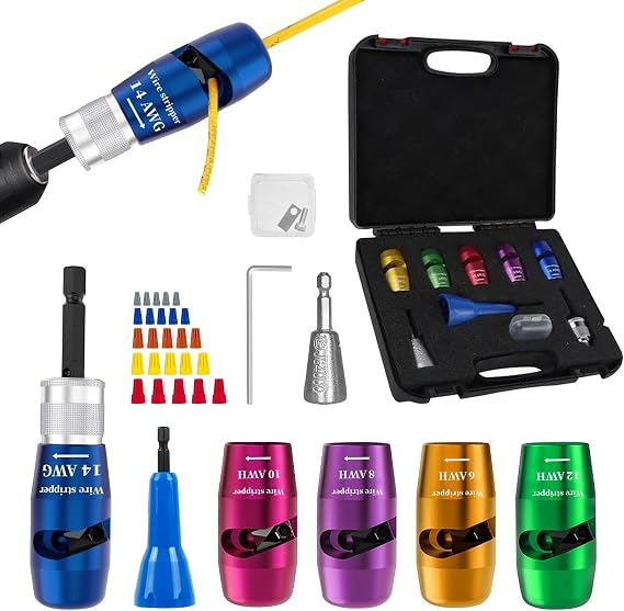 Drill Wire Stripper Electrical Wire Twister Tool 14/12/10/8/6AWG Drill Wire Stripper, Upgraded Wire Stripping & Twist Tool Kit, 25 Wire Nuts Electrical Tools for Electricians