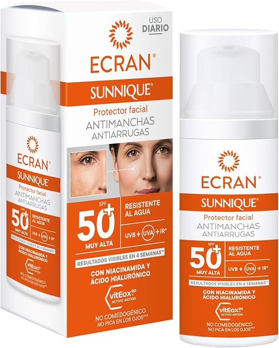 ECRAN Sunnique Anti-Wrinkle Anti-Stain Face Shield SPF 50+ with Niacinamide and Hyaluronic Acid, De-Pigment and Evens Tone, Formula with VitEox80 – 50 ml