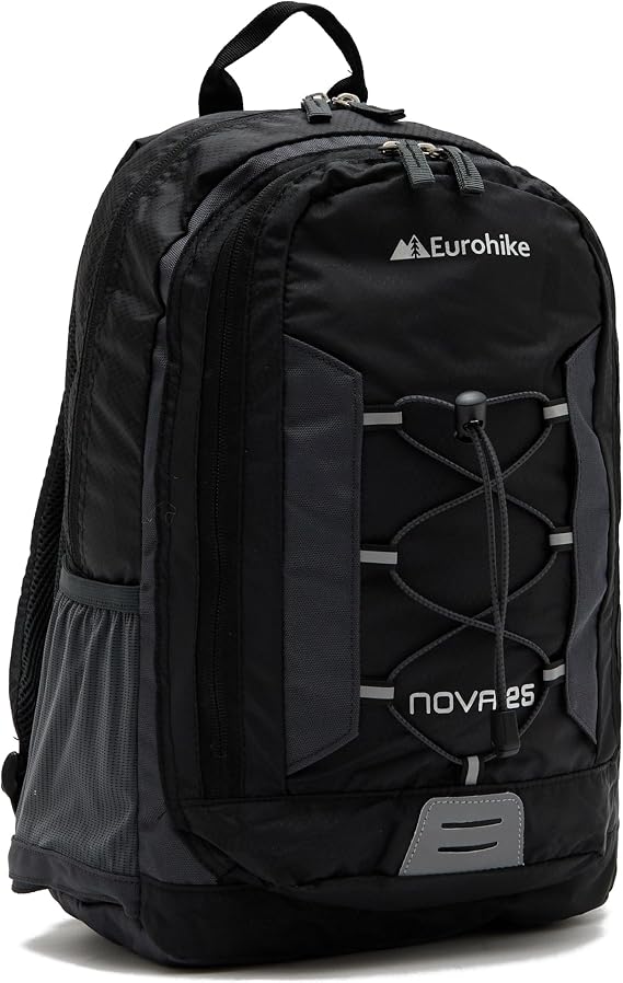 Eurohike Nova 25 Litre Daysack with Ventilated Back Panel, Lightweight, Packable, Adjustable 25L Daypack, Backpack, Rucksack, Bag for Men Women & Kids, School, Commuting, Camping, Hiking (Black)