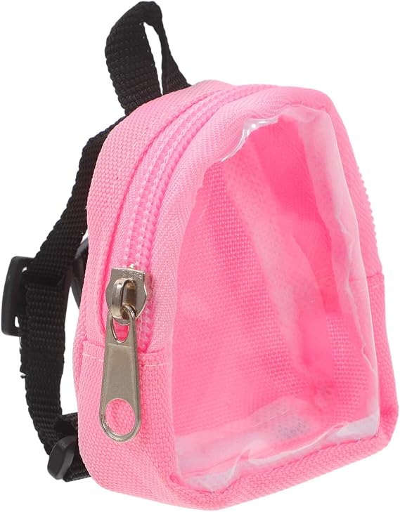 Mini Toddler Backpack for Dolls with Adjustable Straps and Design, Pink Cloth and Plastic Material, Featuring Zipper and Window, for Dollhouse Accessories and School Bag Doll Play