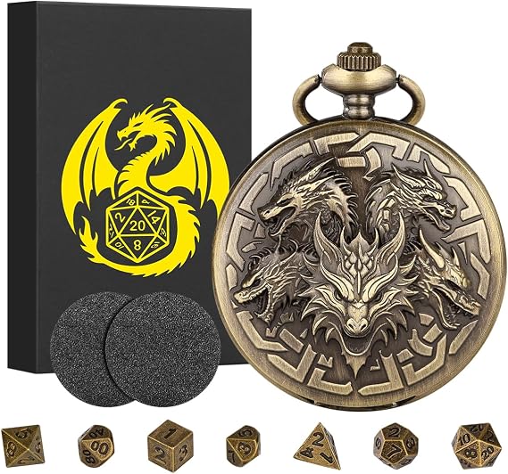 Mini DND Dice Set with Retro Five Dragon Heads Pocket Watch Shell Case, DND Starter Set, 7pcs Polyhedral Mini Metal Dice Set, D&D Gifts with Gift Box, Role Playing Board Game Accessories, Bronze