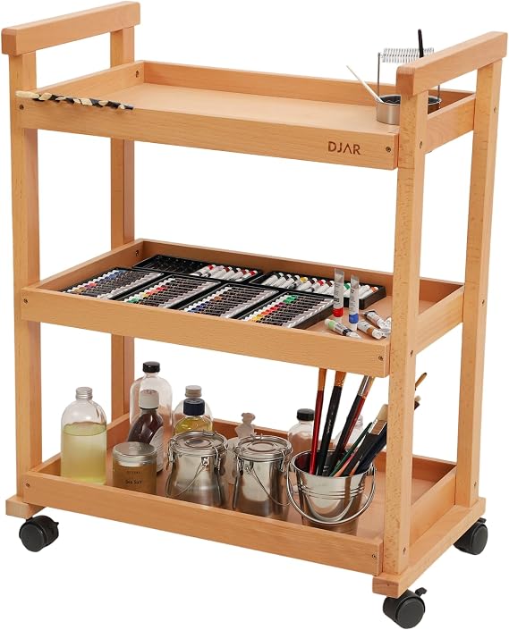 DJAR Rolling Art Solid Beech Wood Utility Trolley with Wheels for Adults Artists (Natural Basic)